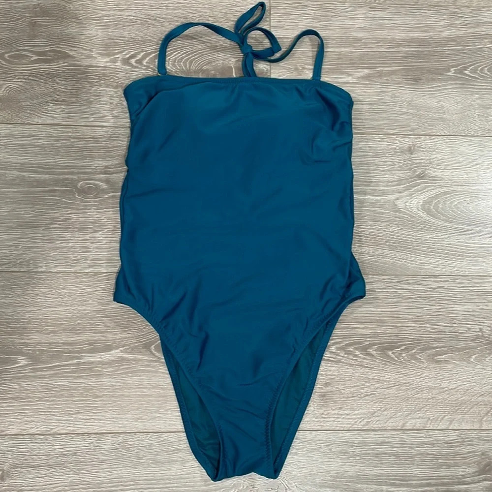 Shade & Shore Bandeau / Halter Tie Back One Piece Swimsuit Teal M